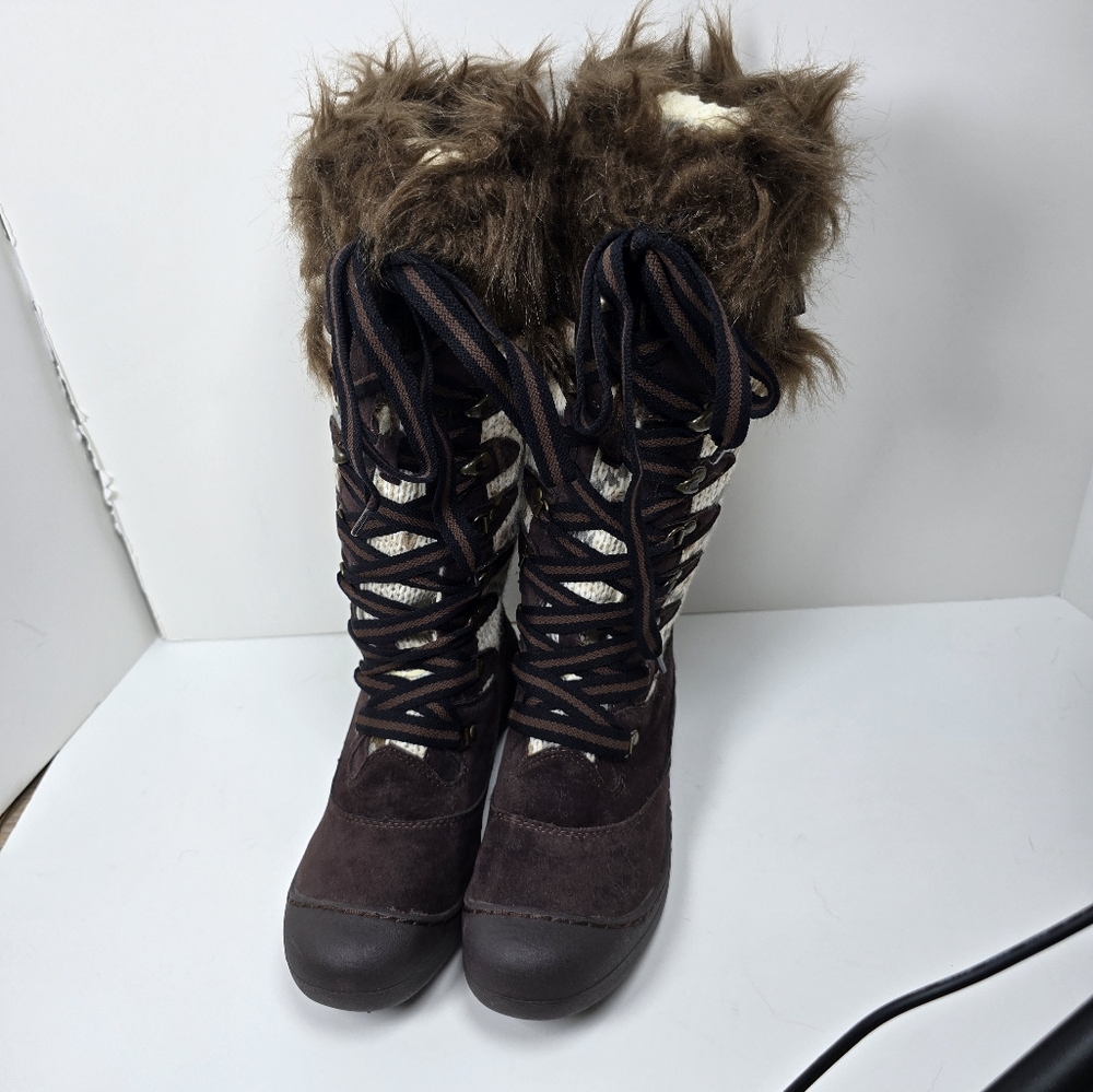 Muk Luks Faux Sherpa Knit Winter Boots Brown Waterproof Sz 7 NWT - Picture 4 of 9